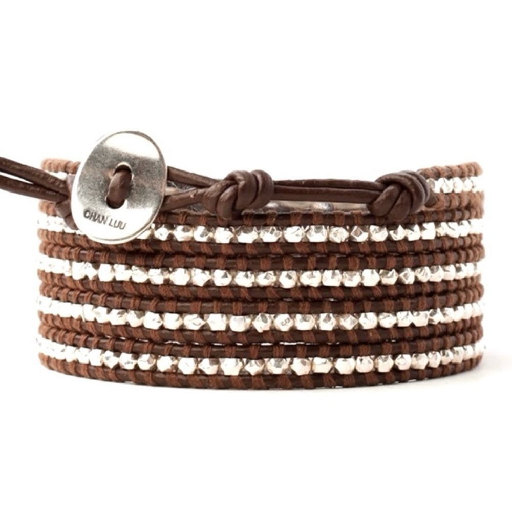 Chan Luu Sterling Silver Wrap Bracelet on Natural Brown Leather - Picture 1 of 6